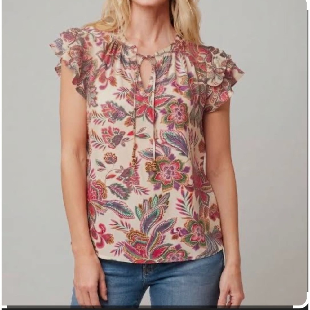 Rose + Olive Floral Paisley Ruffle Sleeve Tie Neck Blouse Multicolor Medium